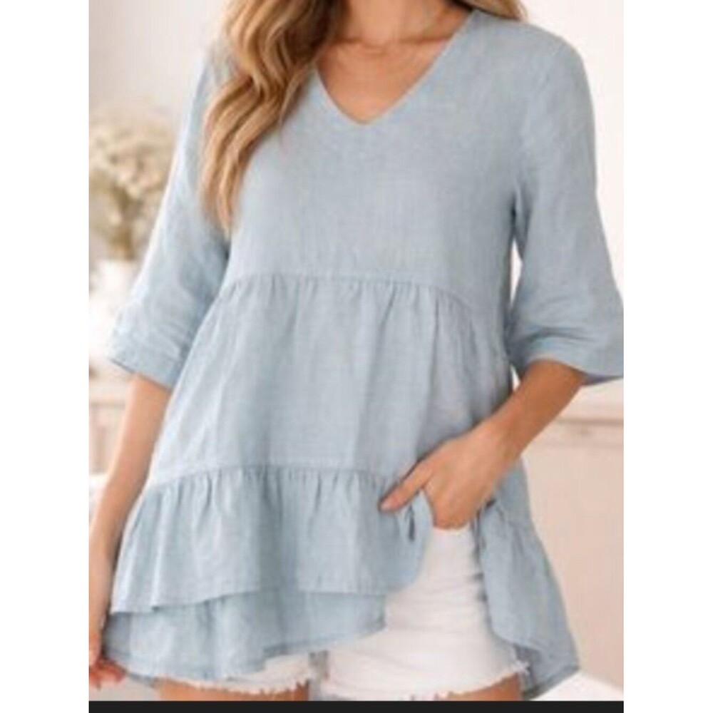 Laura Bianchi Relaxed V-Neck Ruffle Hem Linen Top Light Blue Size Medium
